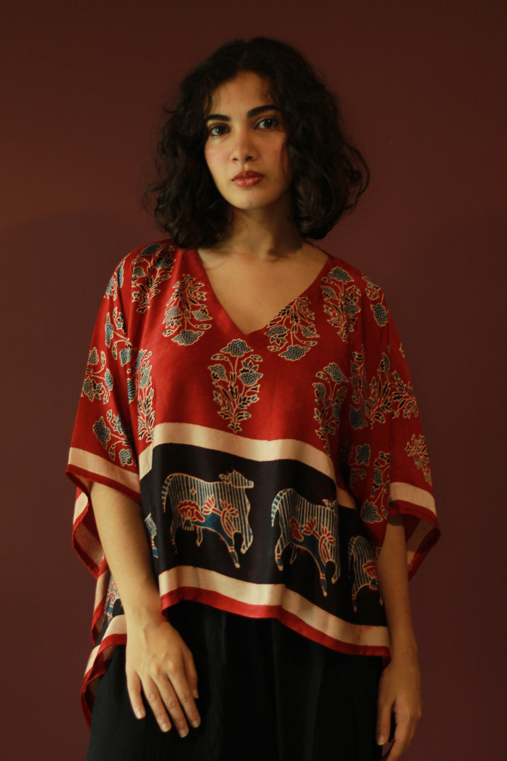 Taarini Mini | Modal Silk Kaftan Top | Madder Floral Ajrakh