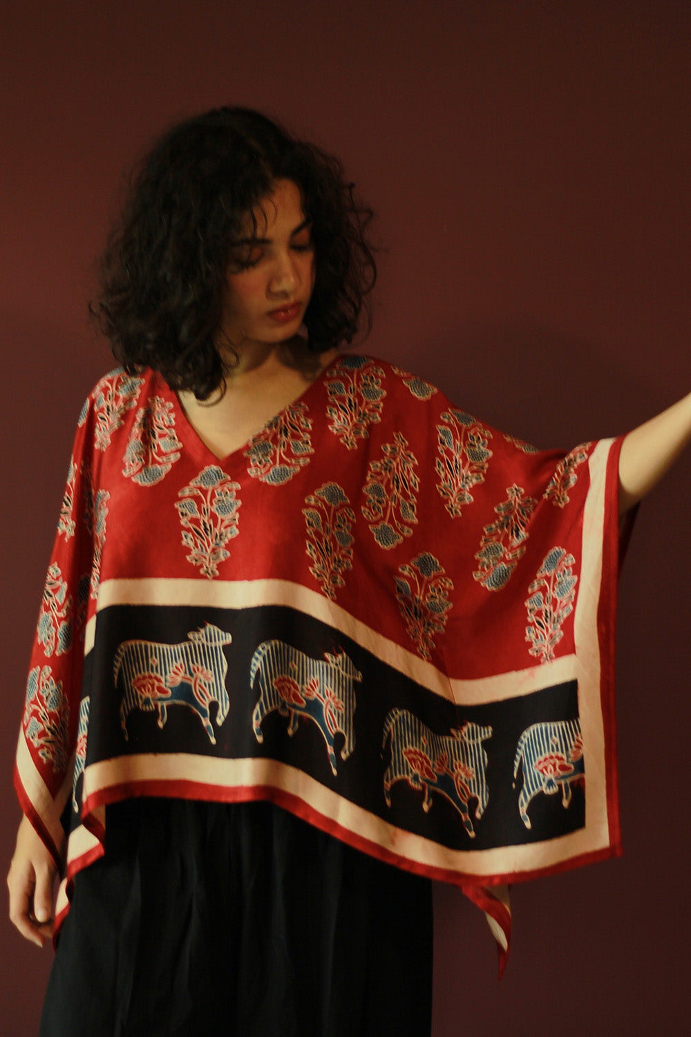 Taarini Mini | Modal Silk Kaftan Top | Madder Floral Ajrakh