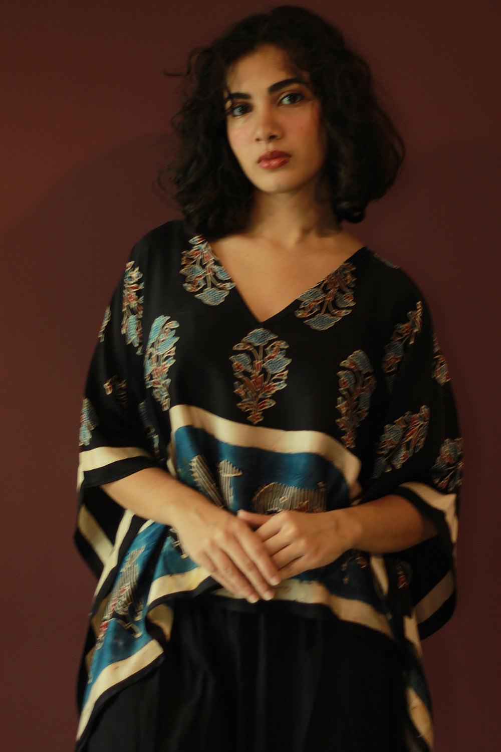 Taarini Mini | Modal Silk Kaftan Top | Noir Floral Ajrakh