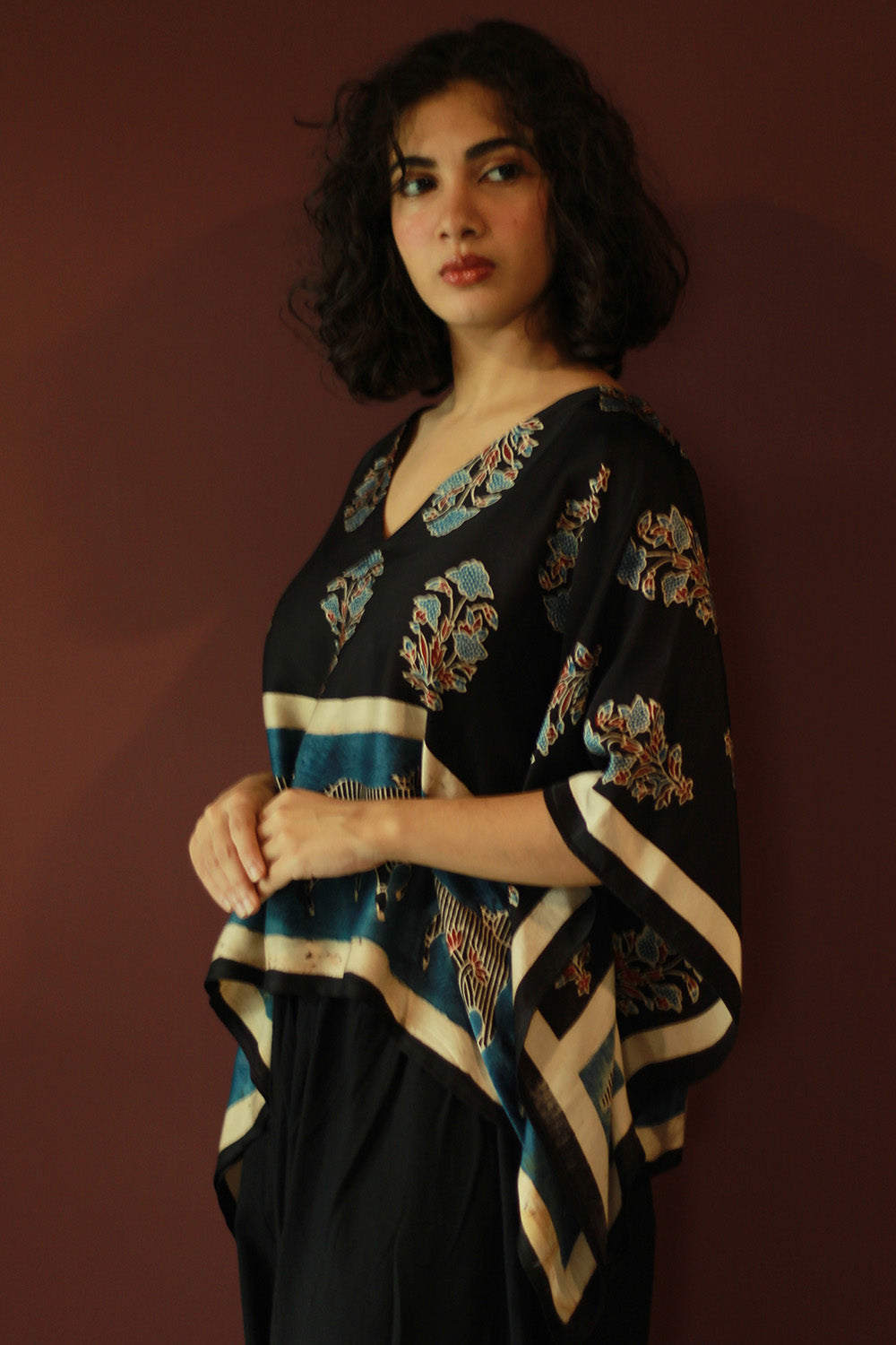 Taarini Mini | Modal Silk Kaftan Top | Noir Floral Ajrakh