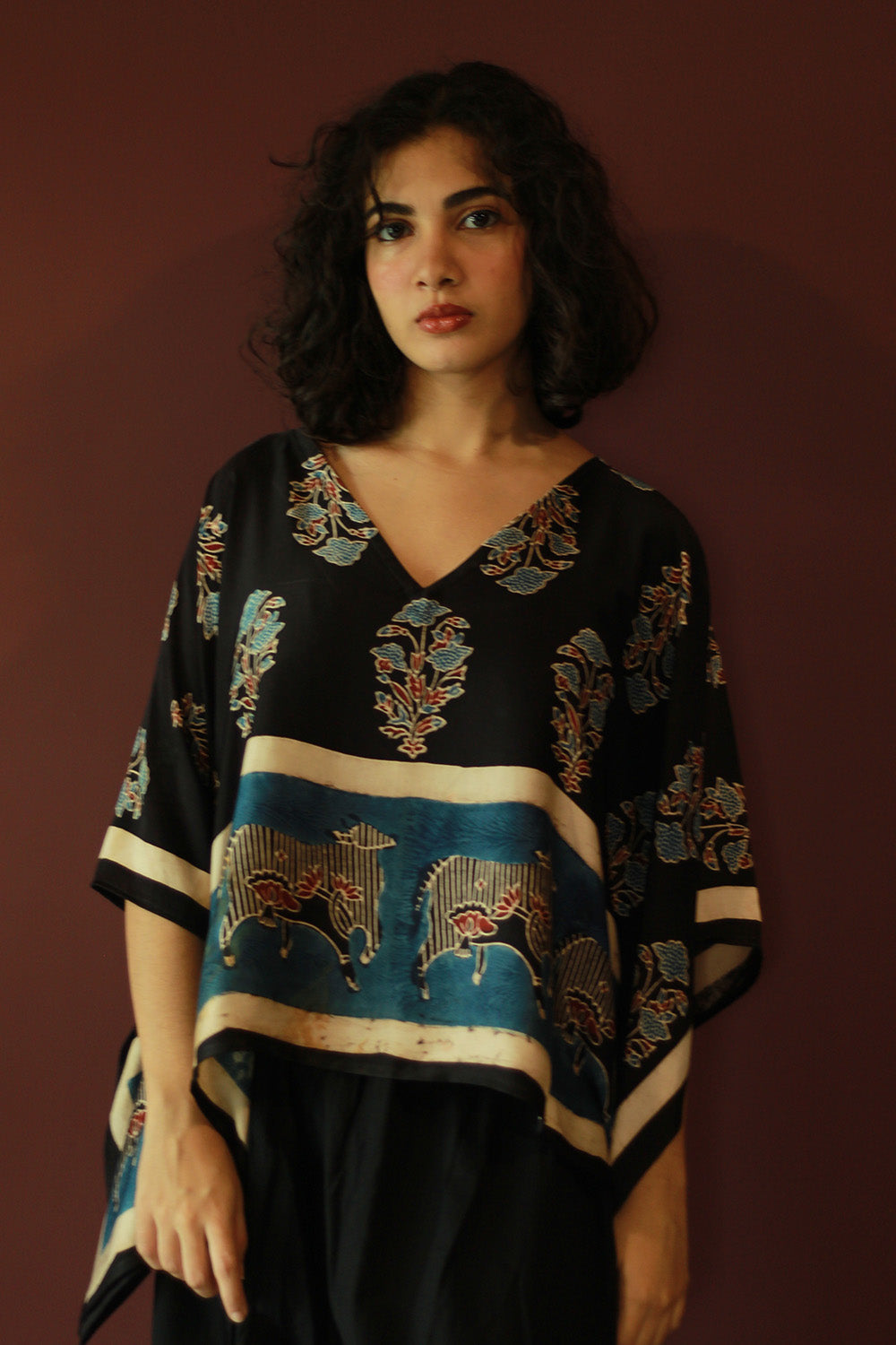 Taarini Mini | Modal Silk Kaftan Top | Noir Floral Ajrakh