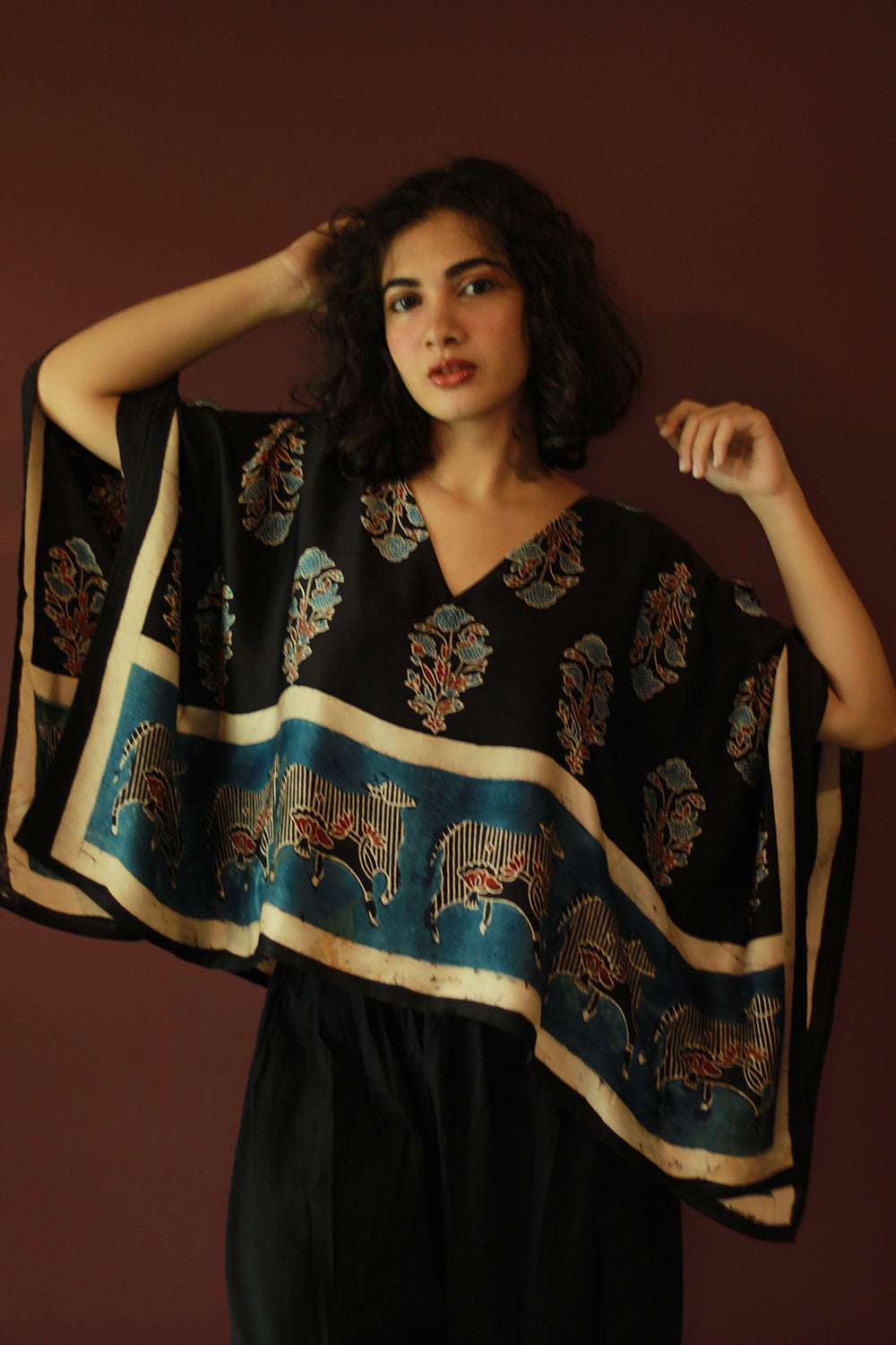 Taarini Mini | Modal Silk Kaftan Top | Noir Floral Ajrakh