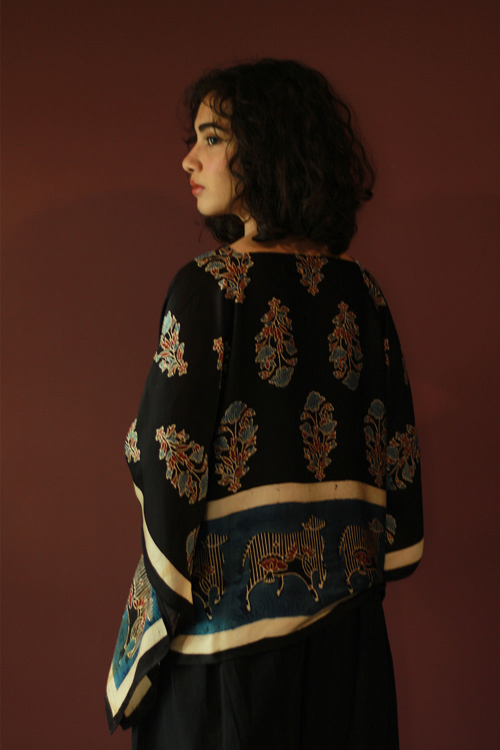 Taarini Mini | Modal Silk Kaftan Top | Noir Floral Ajrakh