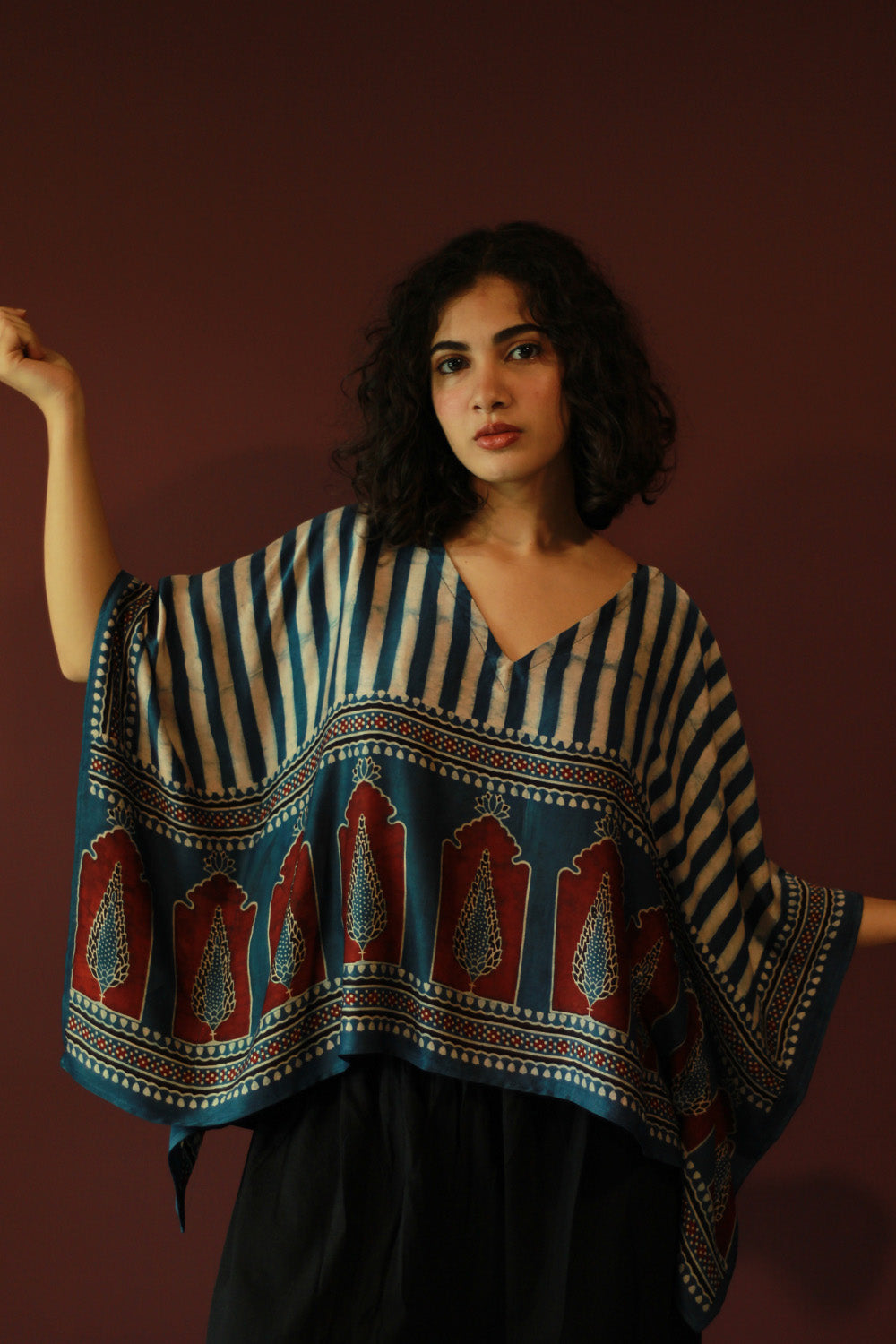 Taarini Mini | Modal Silk Kaftan Top | Blue Jharokha Ajrakh