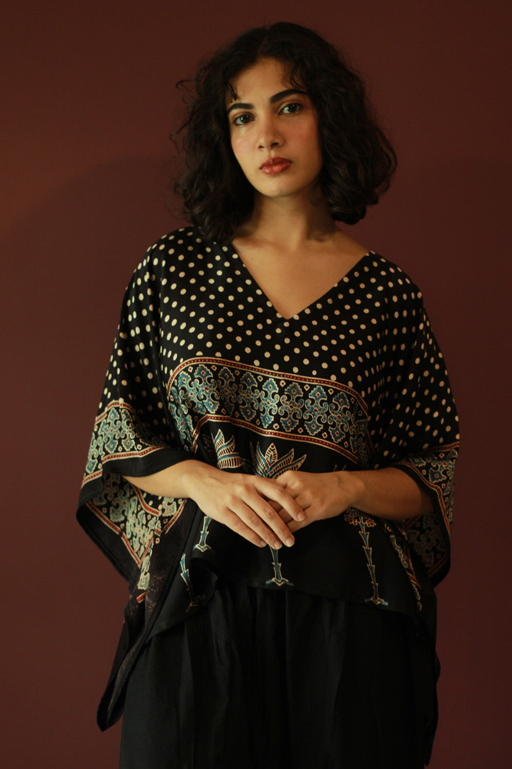 Taarini Mini | Modal Silk Kaftan Top | Noir Polka Ajrakh