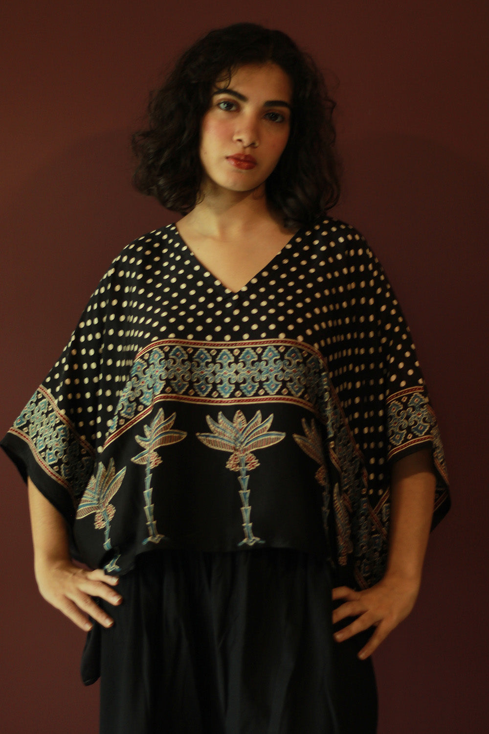 Taarini Mini | Modal Silk Kaftan Top | Noir Polka Ajrakh
