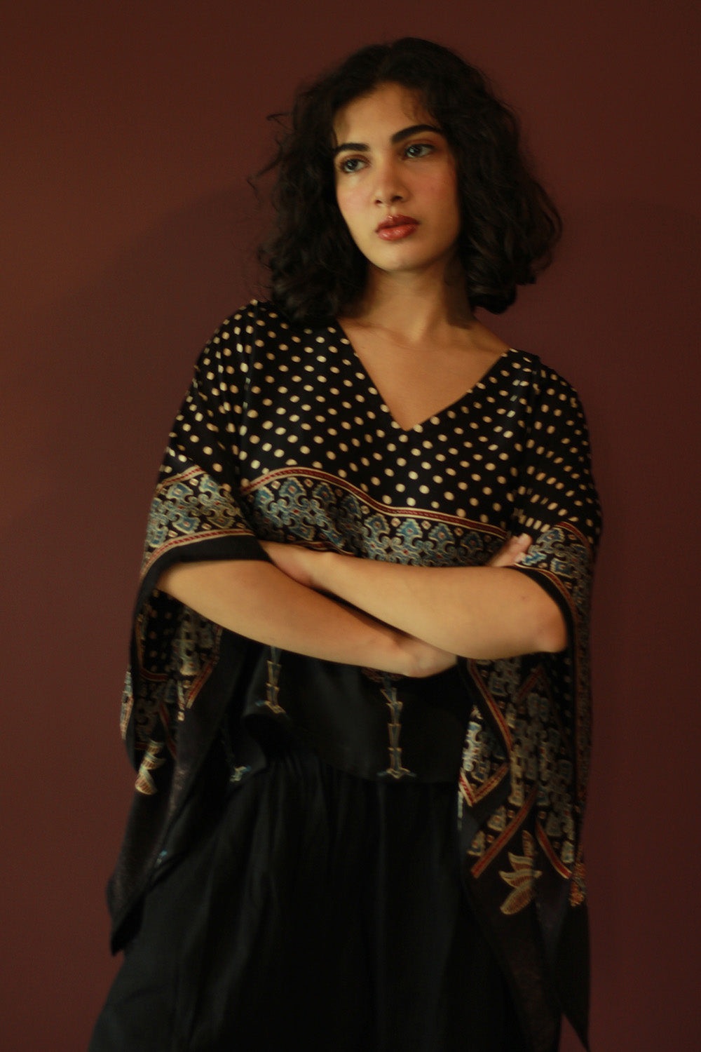 Taarini Mini | Modal Silk Kaftan Top | Noir Polka Ajrakh