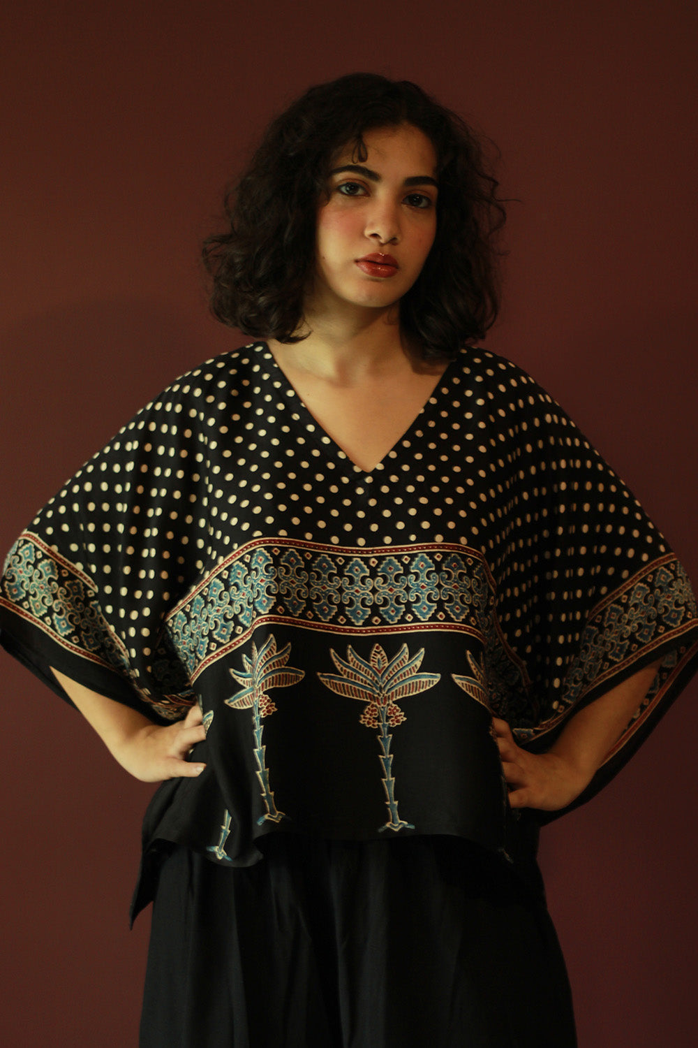 Taarini Mini | Modal Silk Kaftan Top | Noir Polka Ajrakh