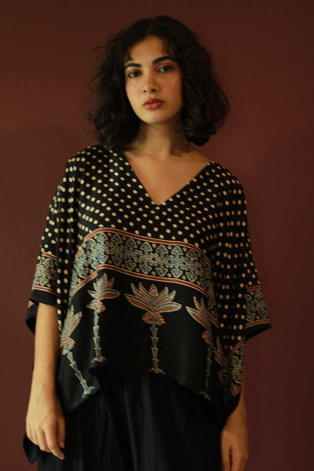 Taarini Mini | Modal Silk Kaftan Top | Noir Polka Ajrakh