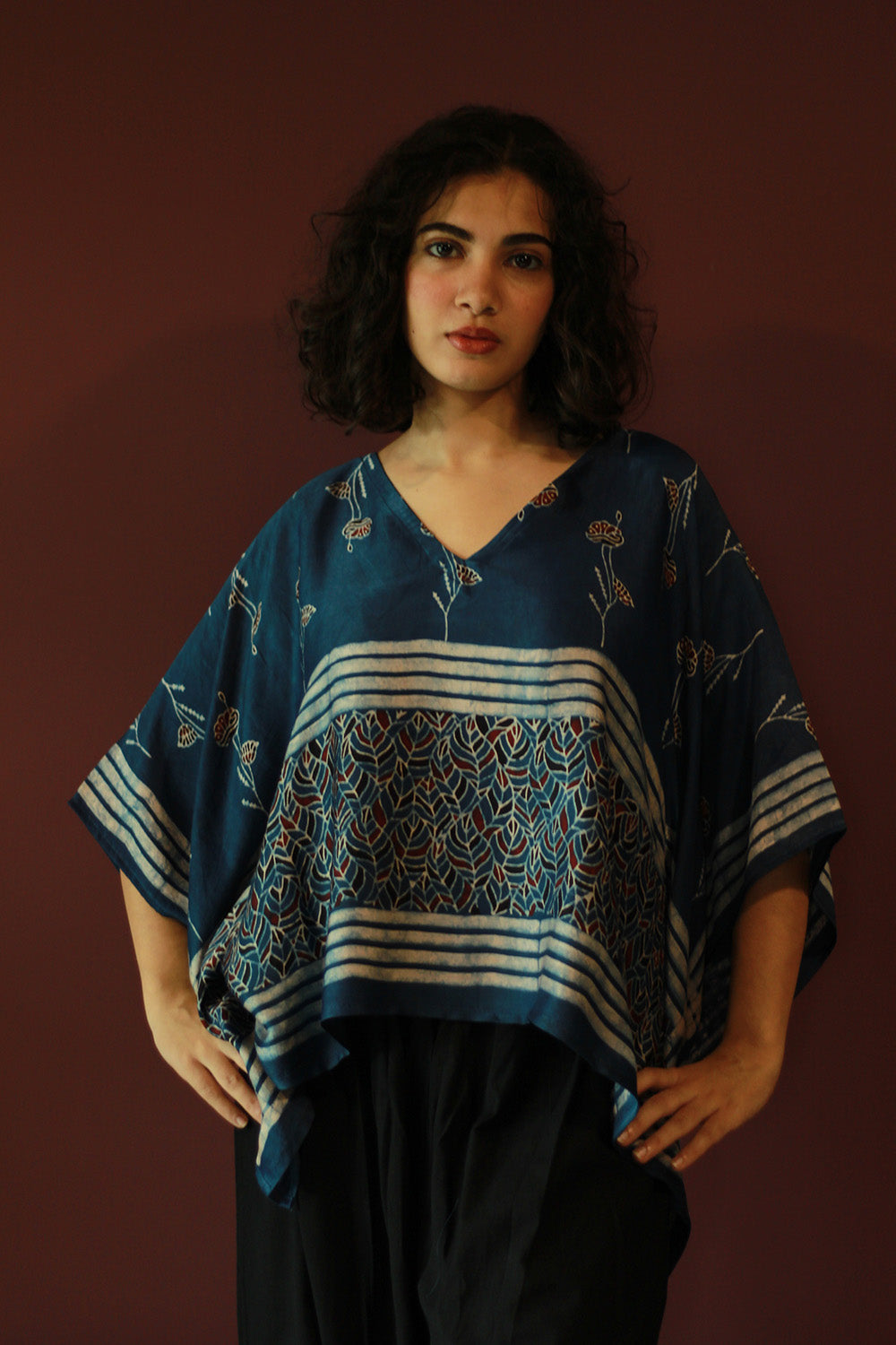 Taarini Mini | Modal Silk Kaftan Top | Blue Leaves Ajrakh