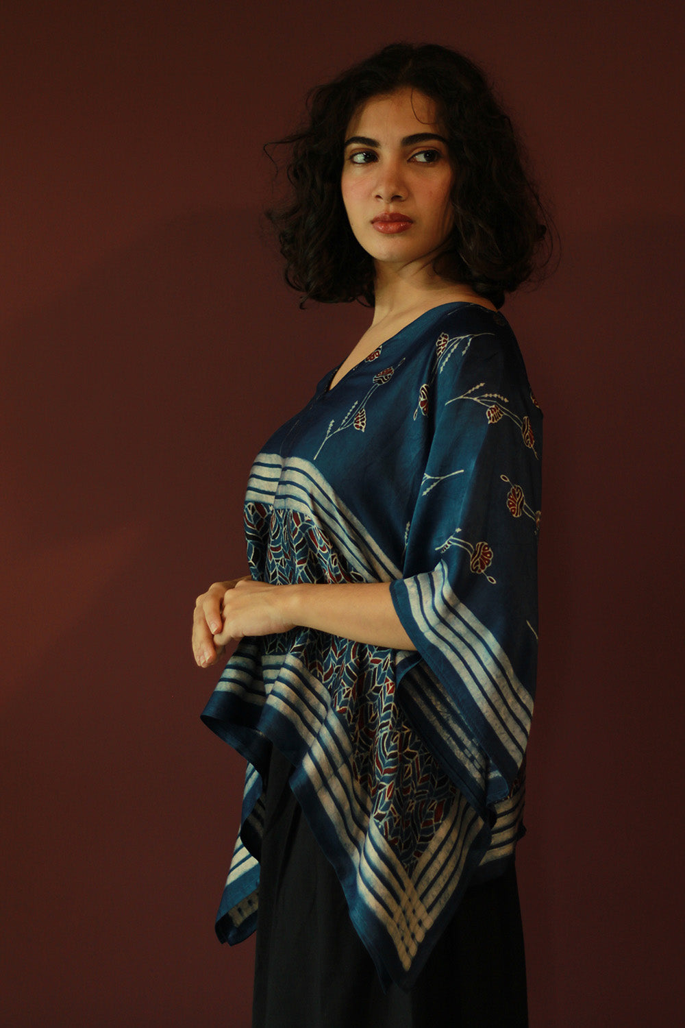 Taarini Mini | Modal Silk Kaftan Top | Blue Leaves Ajrakh