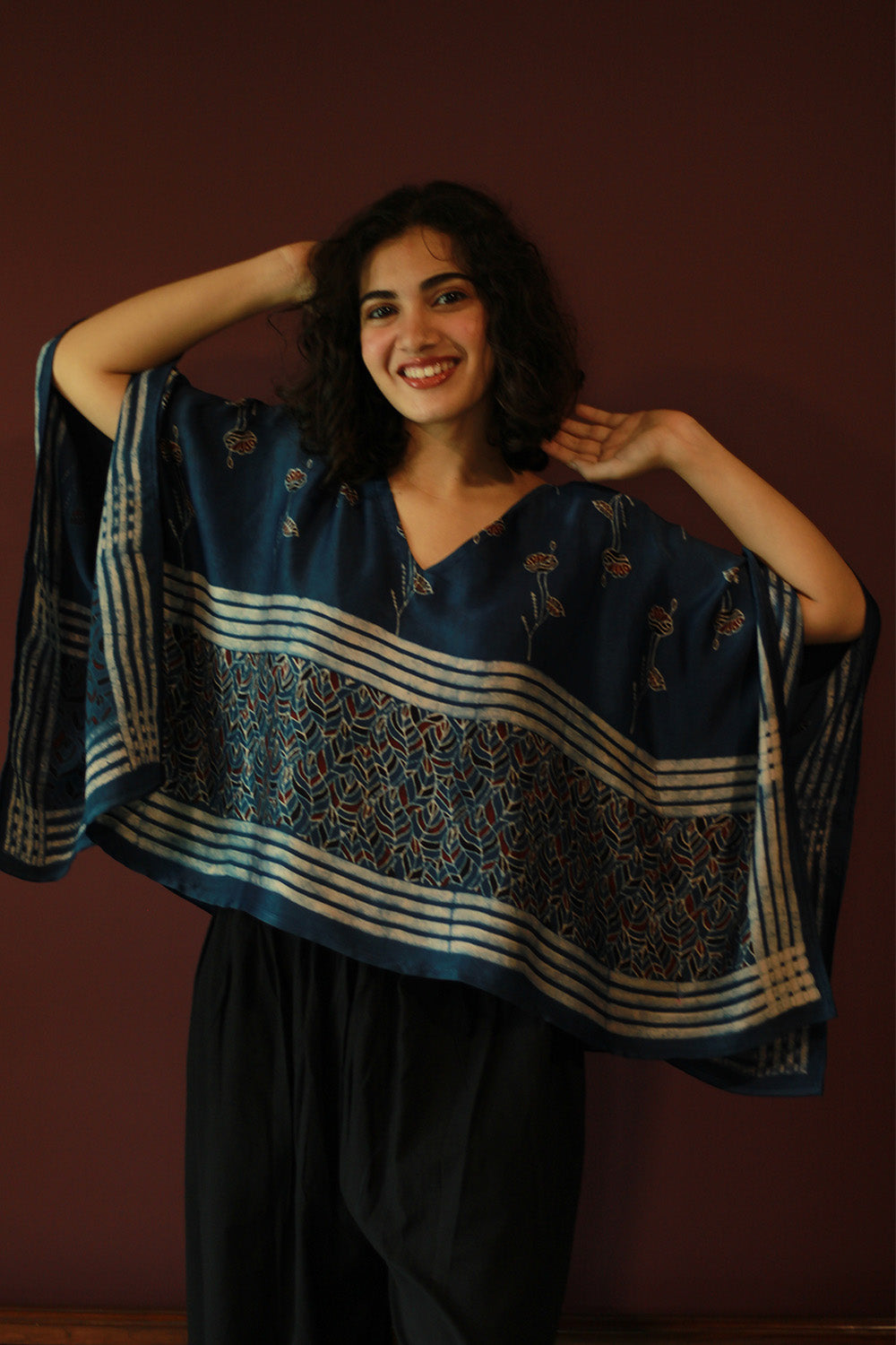 Taarini Mini | Modal Silk Kaftan Top | Blue Leaves Ajrakh