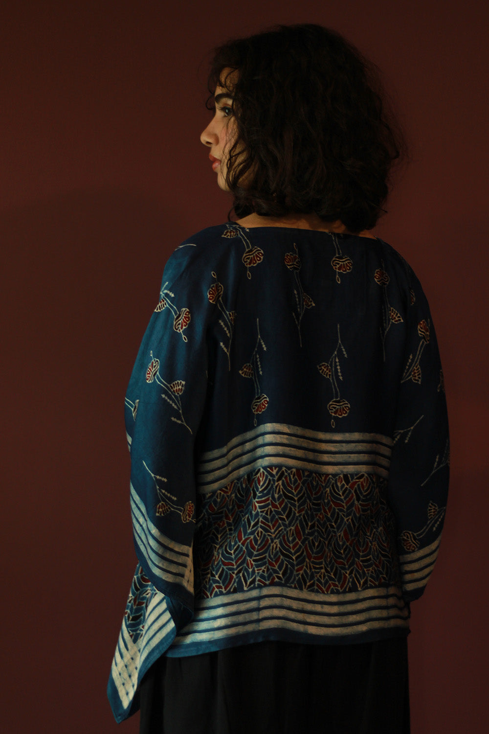 Taarini Mini | Modal Silk Kaftan Top | Blue Leaves Ajrakh
