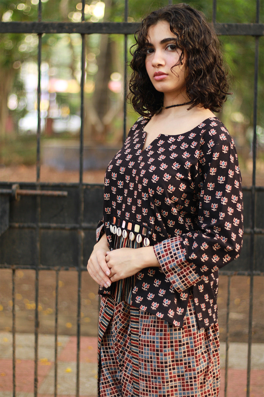 Afsana | Peplum Top with Mirrorwork | Noir Lotus Ajrakh