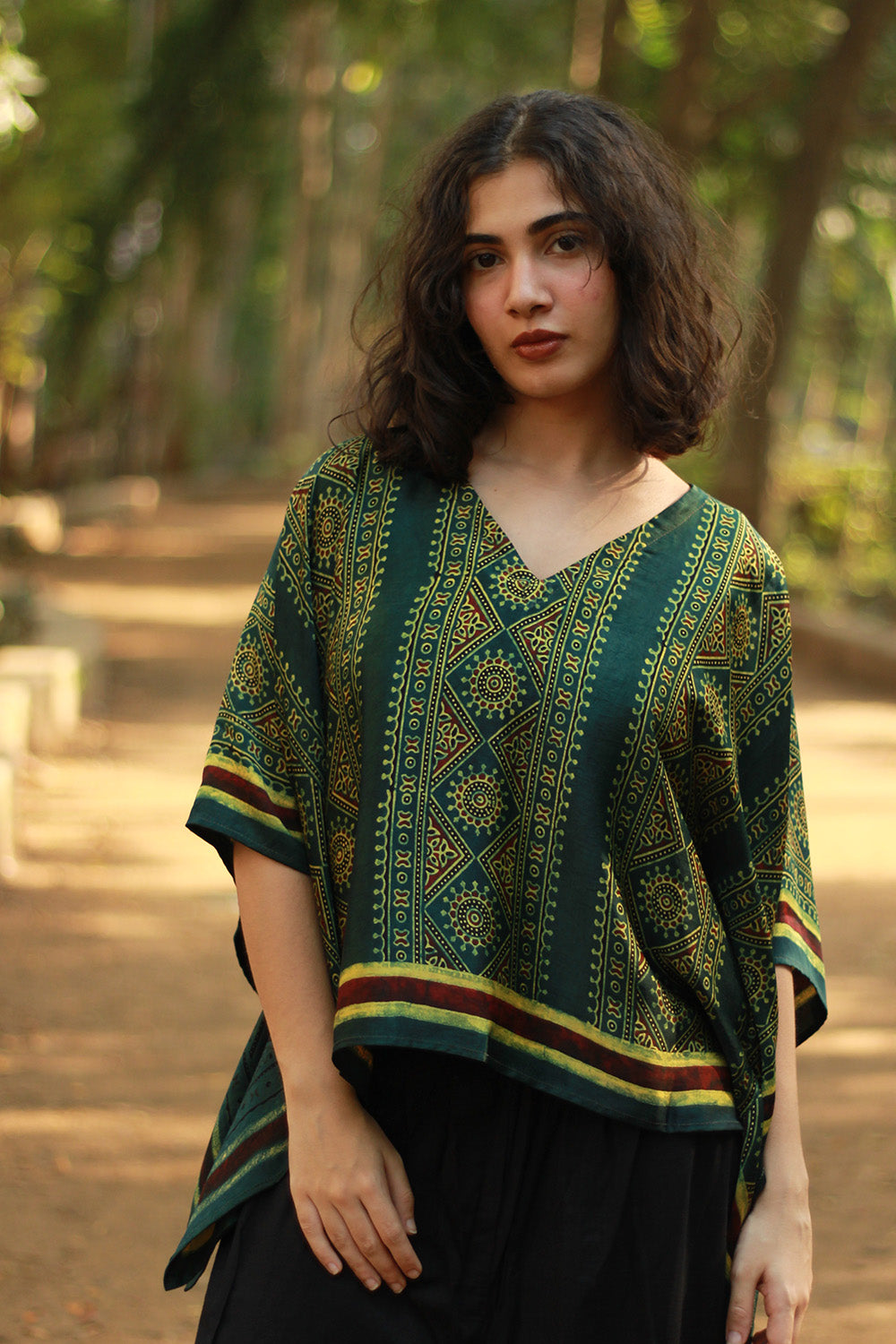 Taarini Mini | Modal Silk Kaftan Top | Green Geometric Ajrakh