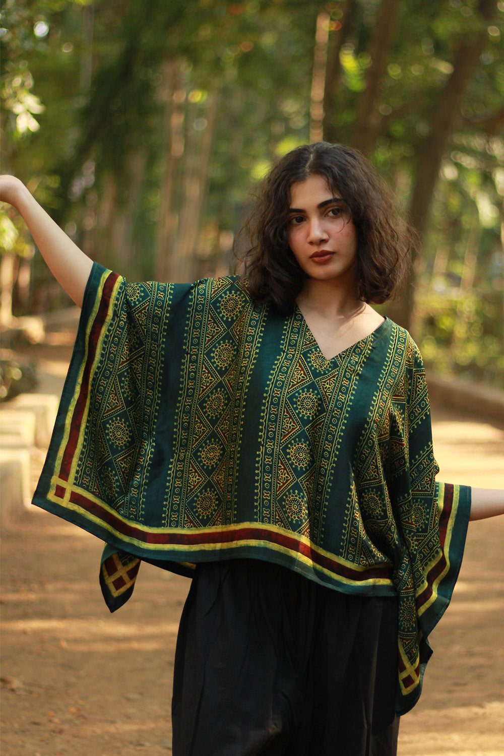 Taarini Mini | Modal Silk Kaftan Top | Green Geometric Ajrakh