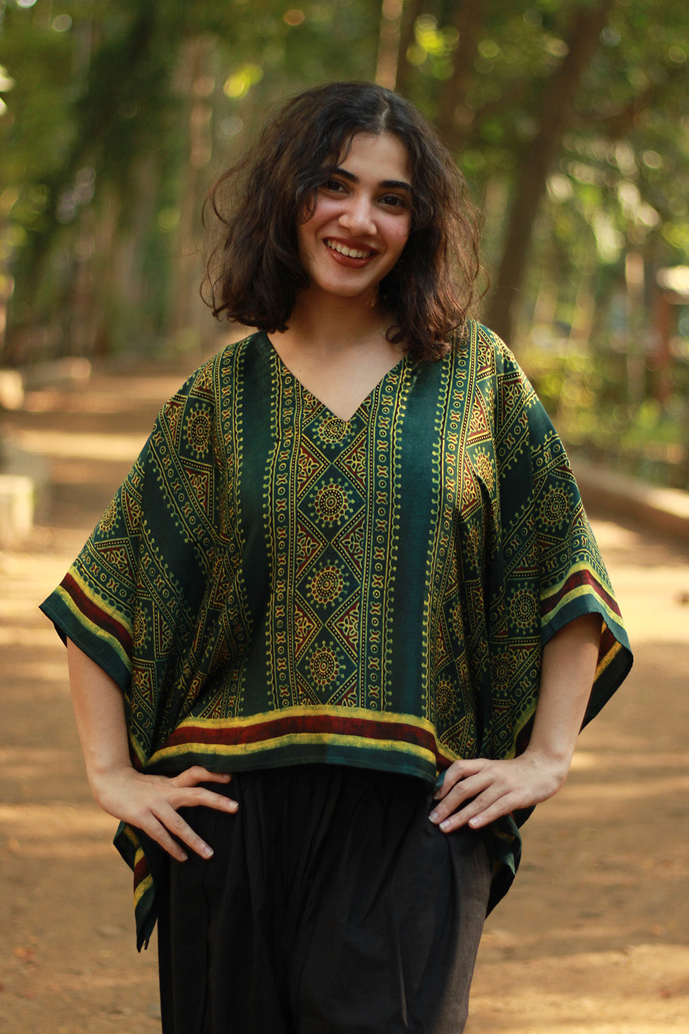 Taarini Mini | Modal Silk Kaftan Top | Green Geometric Ajrakh