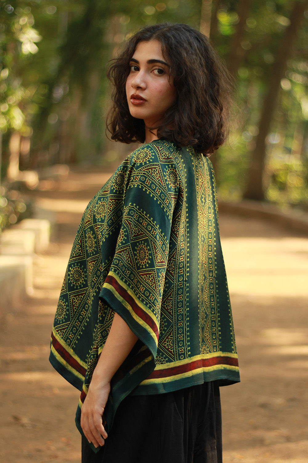 Taarini Mini | Modal Silk Kaftan Top | Green Geometric Ajrakh
