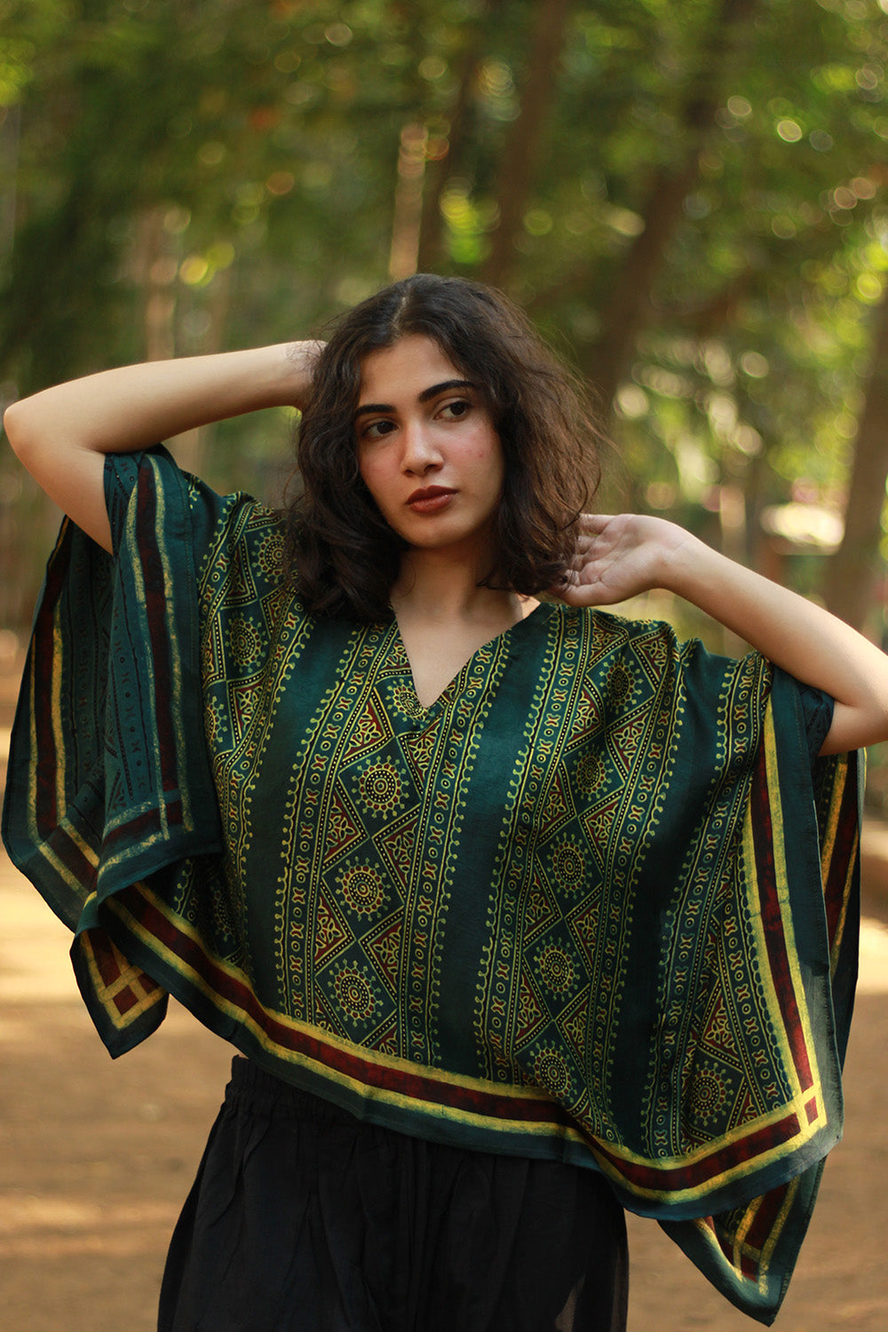 Taarini Mini | Modal Silk Kaftan Top | Green Geometric Ajrakh