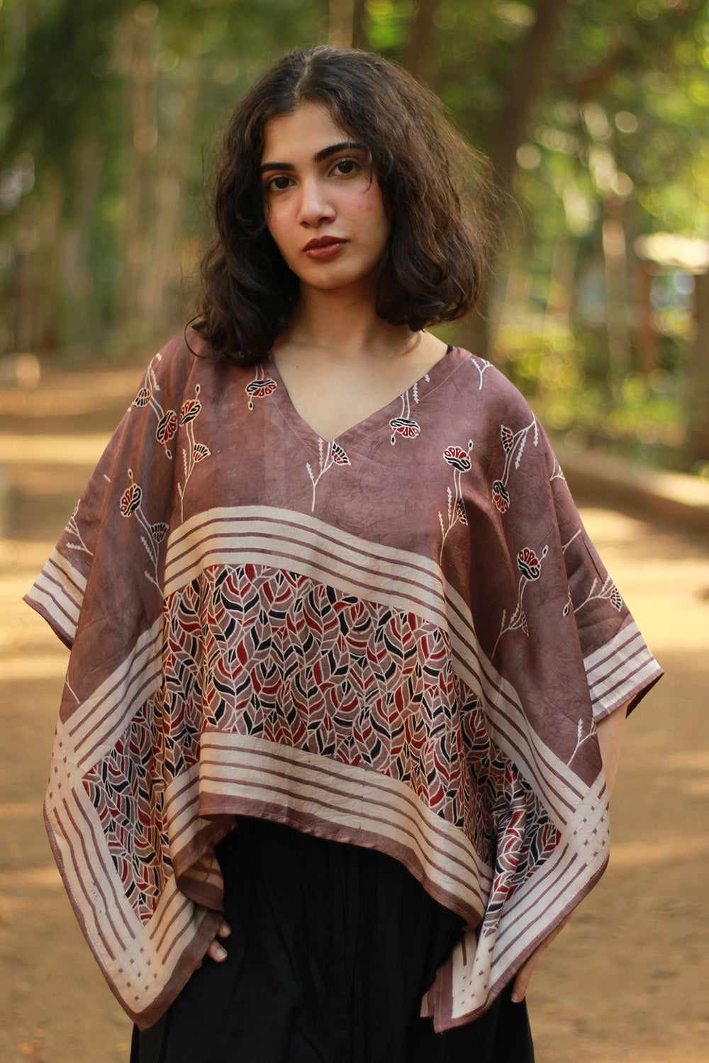 Taarini Mini | Modal Silk Kaftan Top | Cassis Leaves Ajrakh