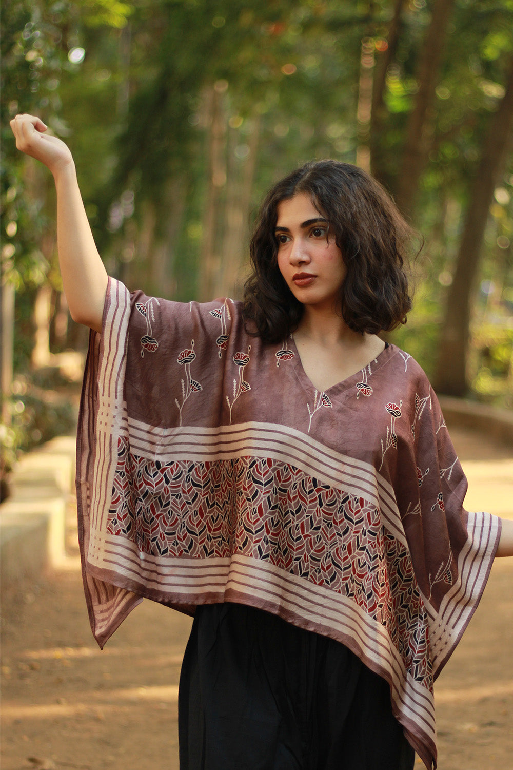 Taarini Mini | Modal Silk Kaftan Top | Cassis Leaves Ajrakh