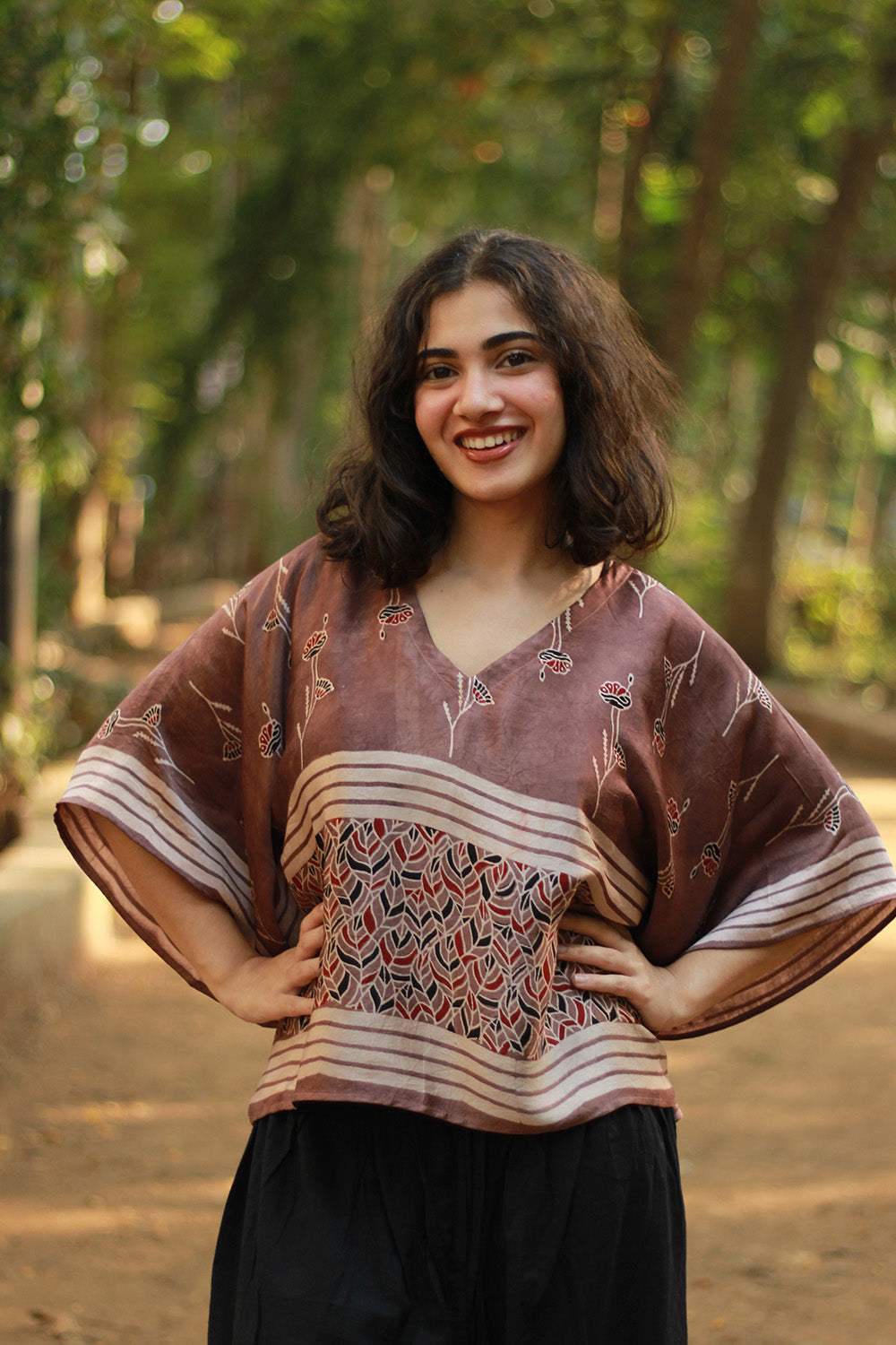 Taarini Mini | Modal Silk Kaftan Top | Cassis Leaves Ajrakh