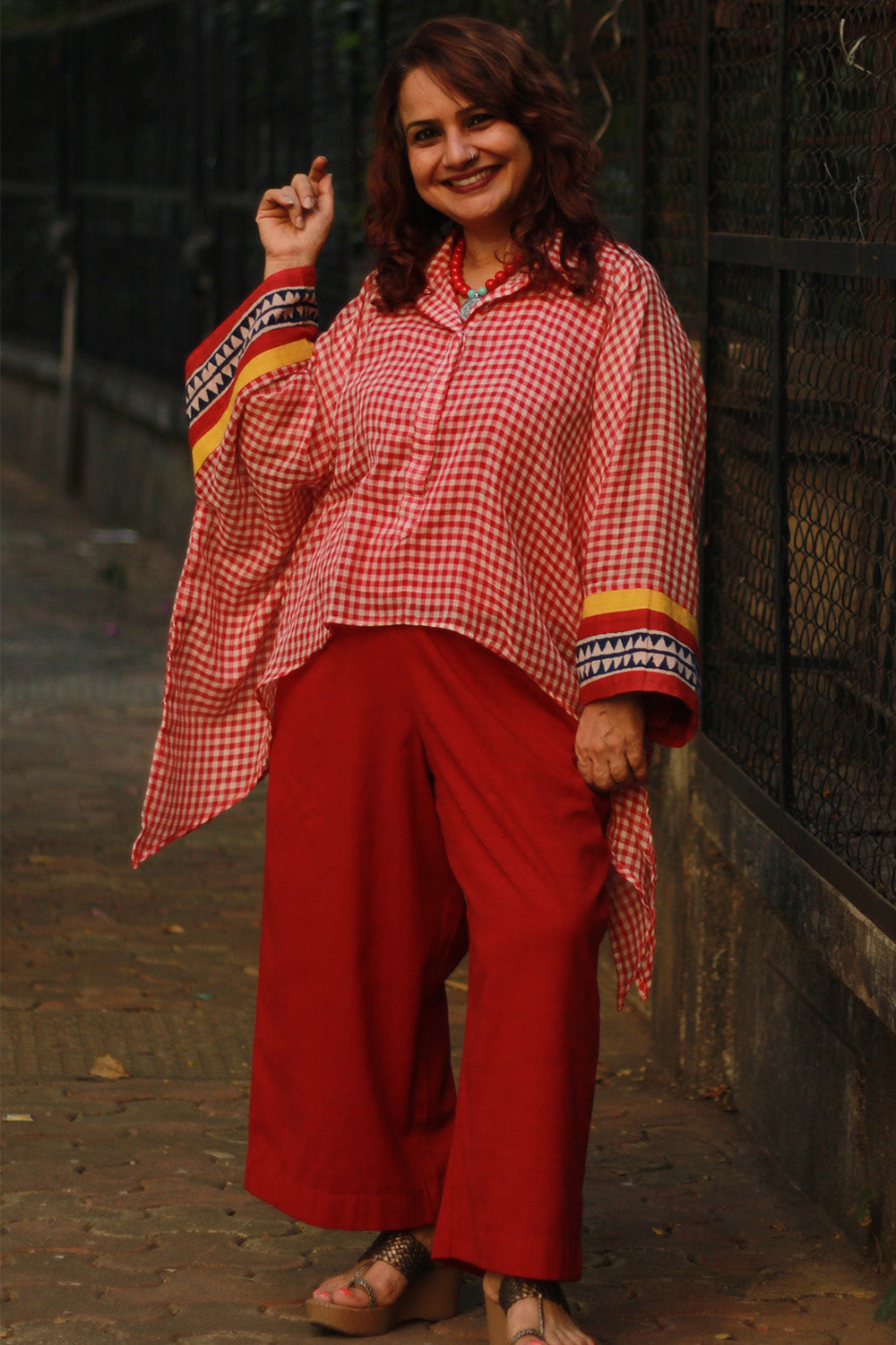 Collared Kaftan Top | Mul Cotton | Red & White Checks