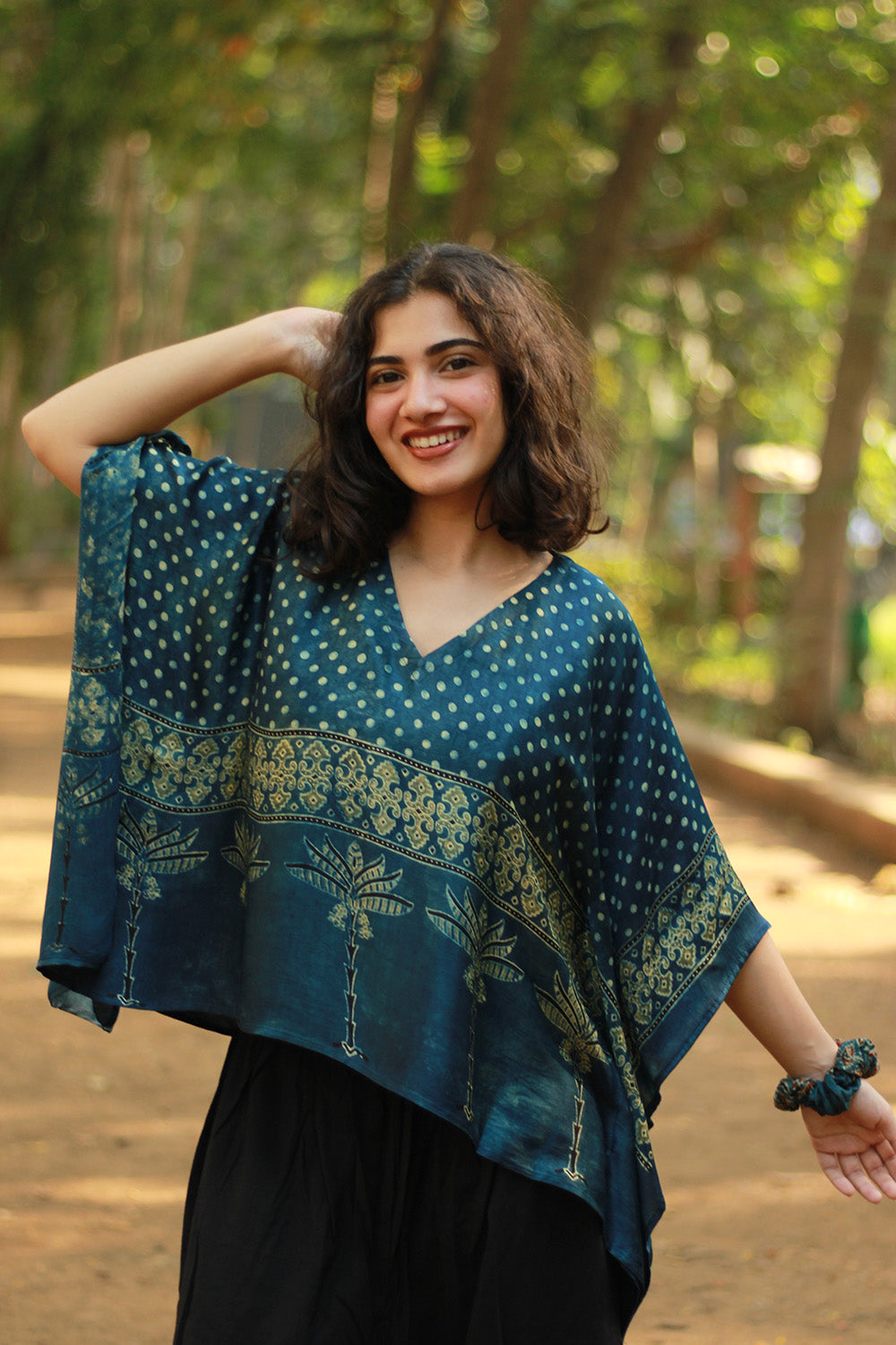 Taarini Mini | Modal Silk Kaftan Top | Sea Green Ajrakh