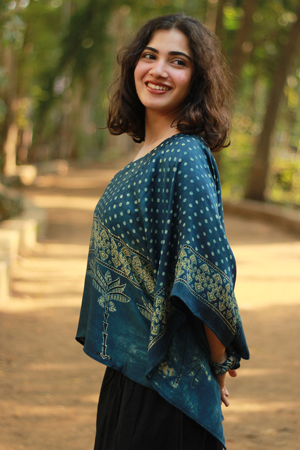 Taarini Mini | Modal Silk Kaftan Top | Sea Green Ajrakh