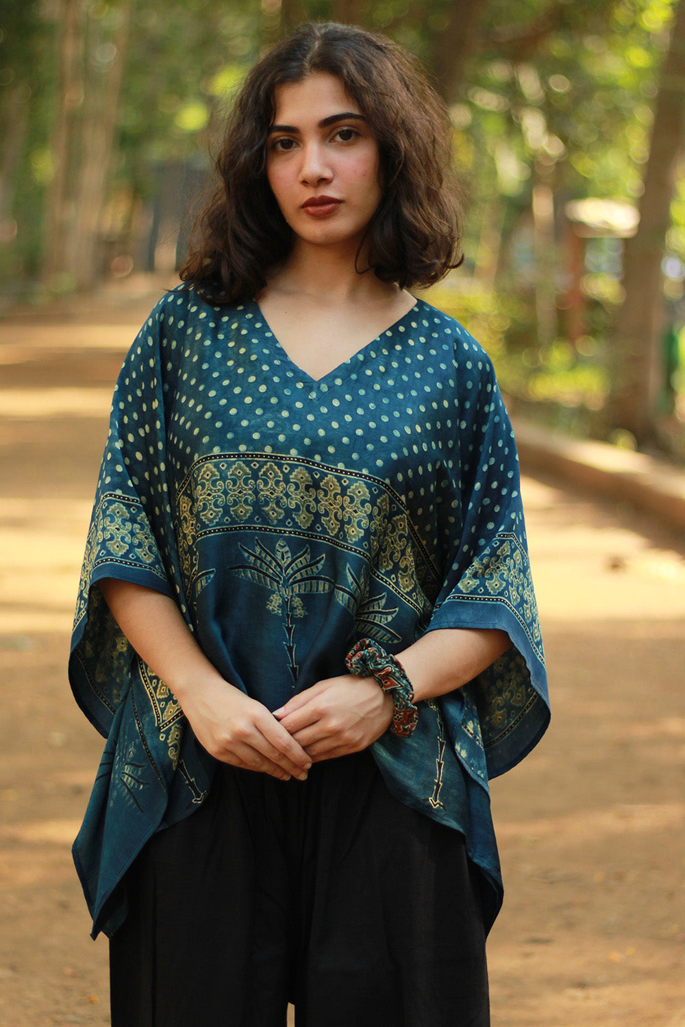 Taarini Mini | Modal Silk Kaftan Top | Sea Green Ajrakh