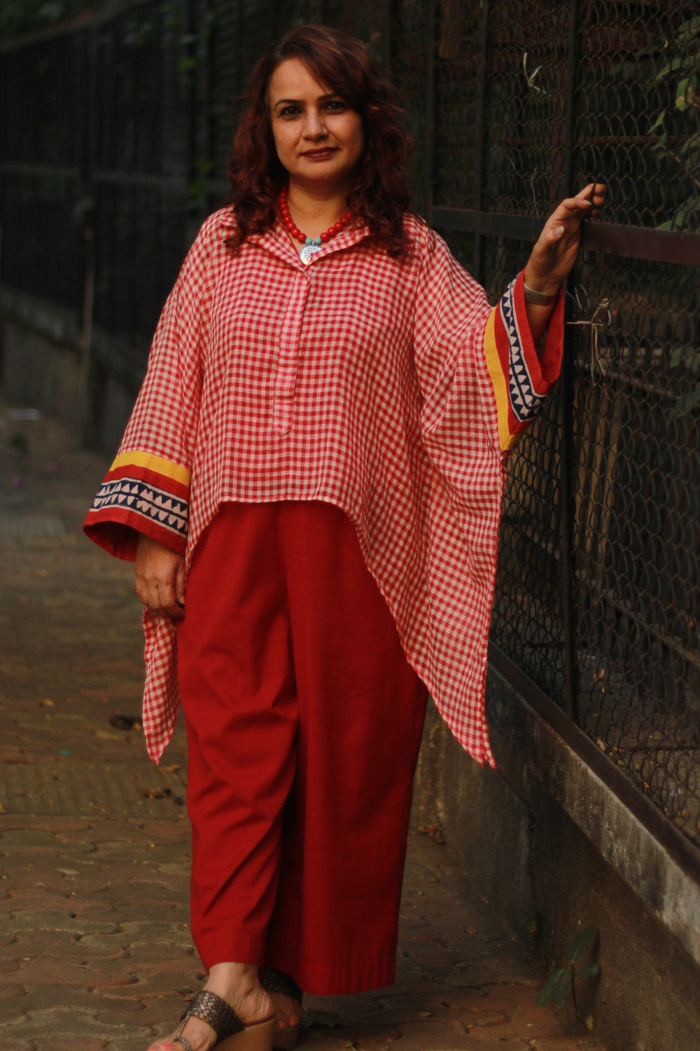 Collared Kaftan Top | Mul Cotton | Red & White Checks