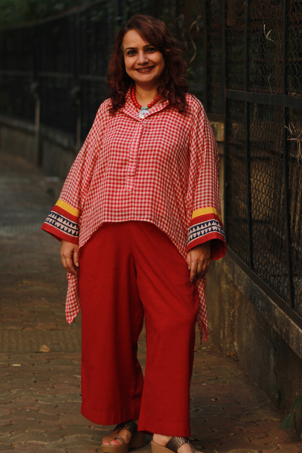 Collared Kaftan Top | Mul Cotton | Red & White Checks