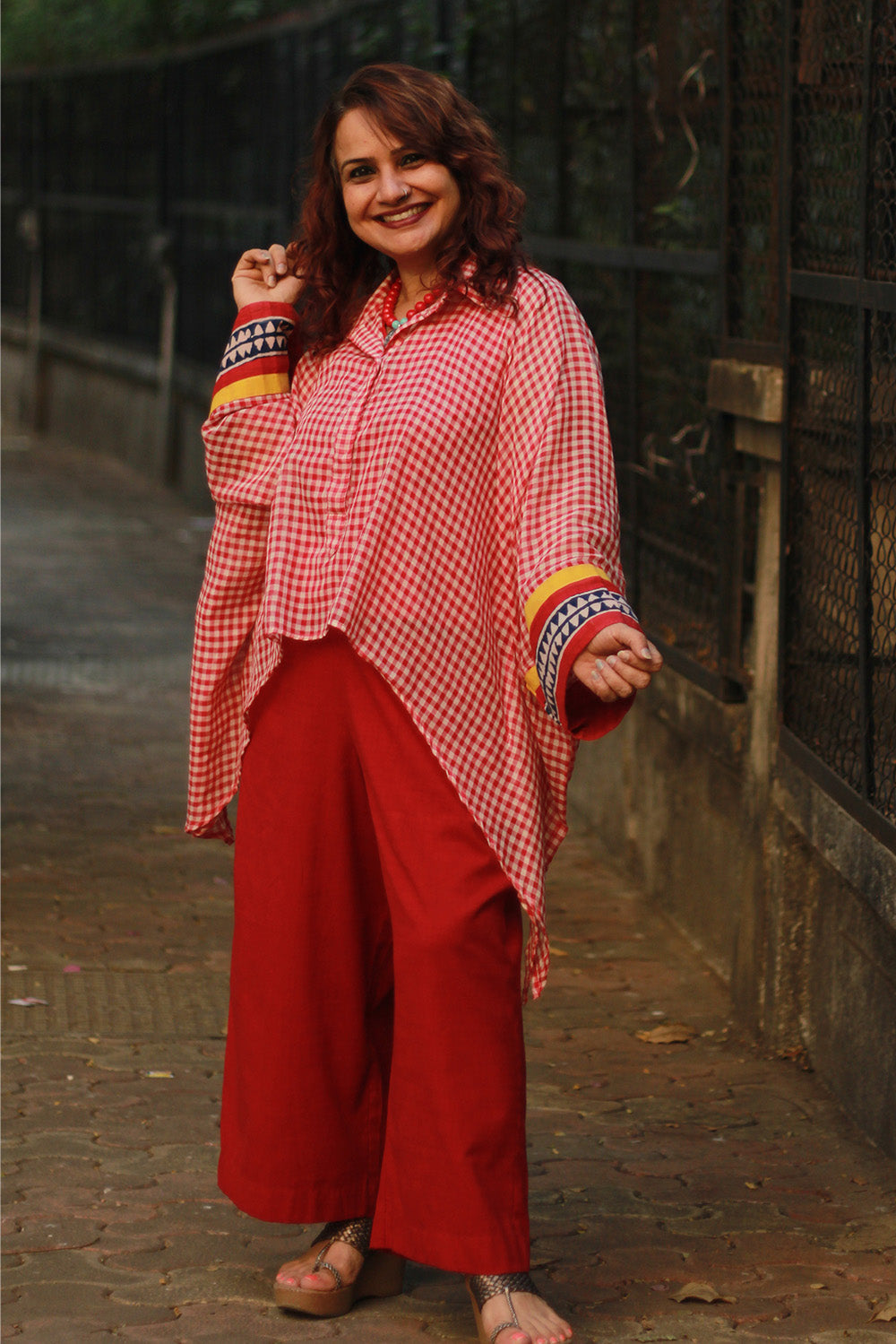 Collared Kaftan Top | Mul Cotton | Red & White Checks