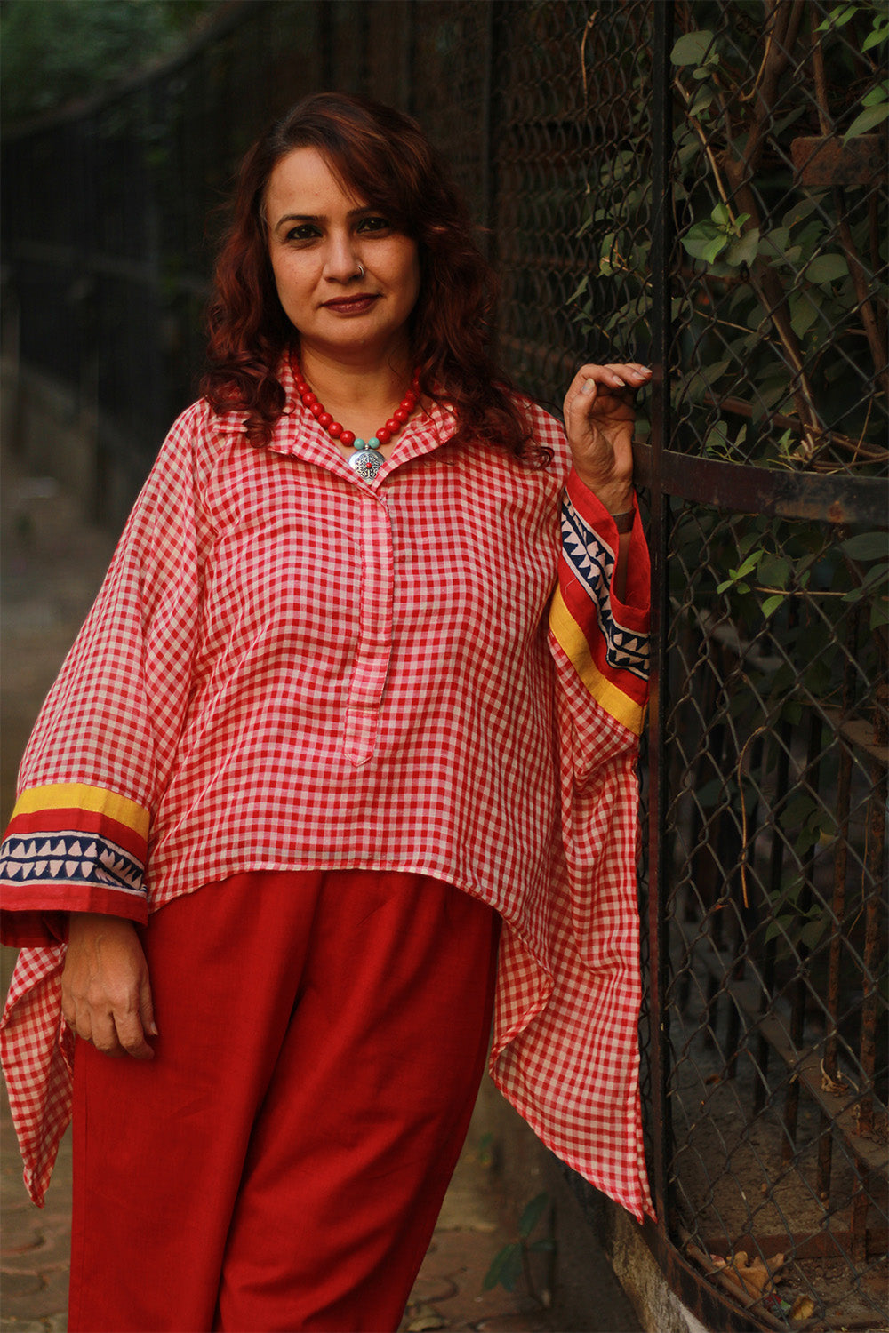 Collared Kaftan Top | Mul Cotton | Red & White Checks