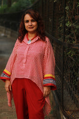 Collared Kaftan Top | Mul Cotton | Red & White Checks
