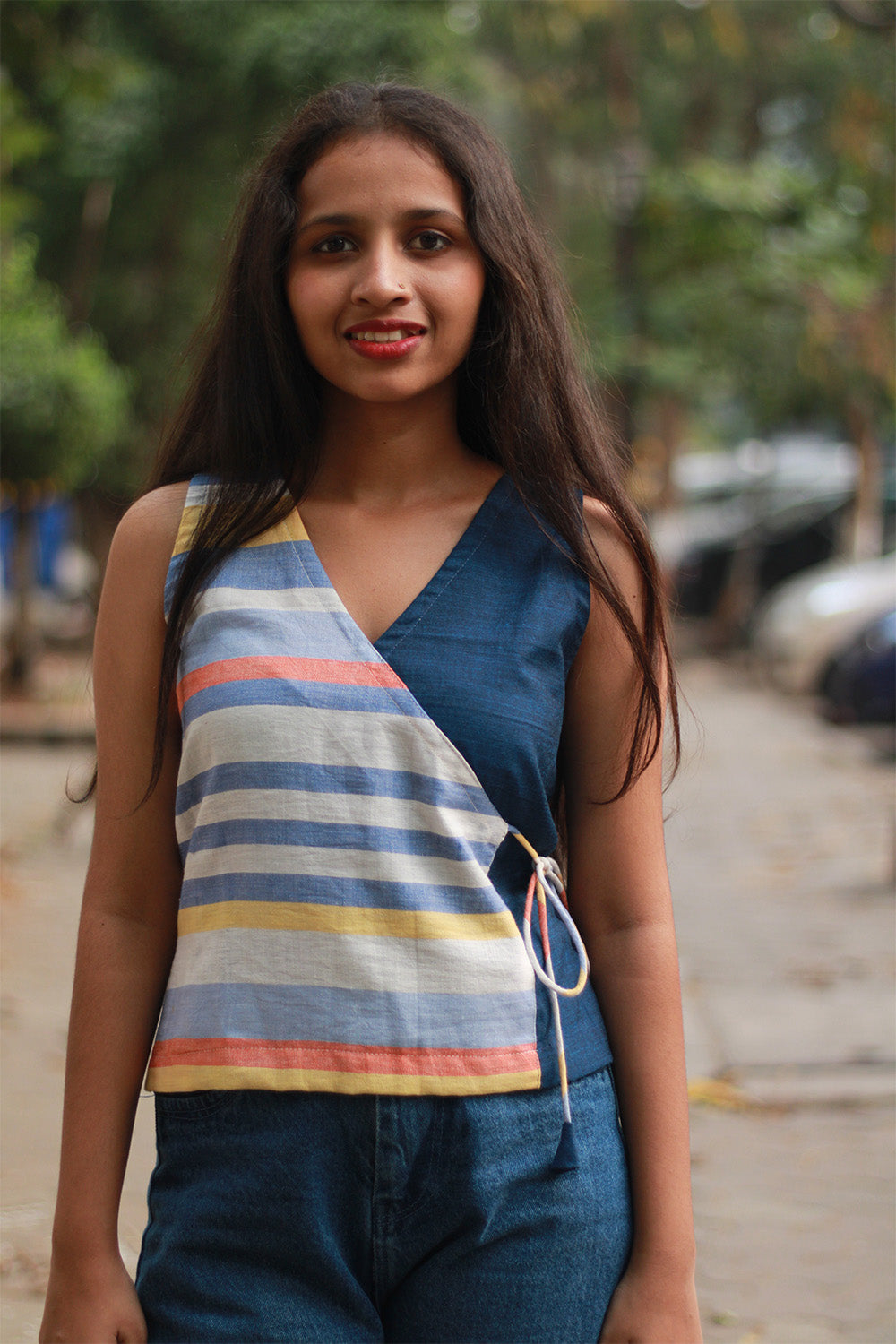 Aabroo | Sleeveless Angarkha Crop Top | Blue with Stripes