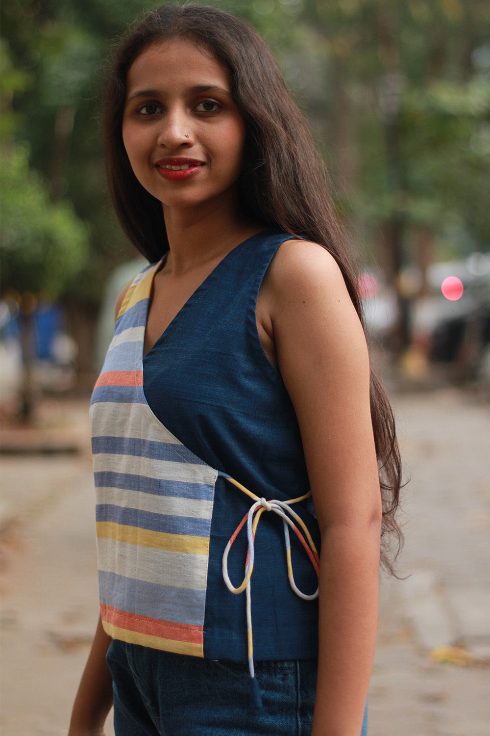 Aabroo | Sleeveless Angarkha Crop Top | Blue with Stripes