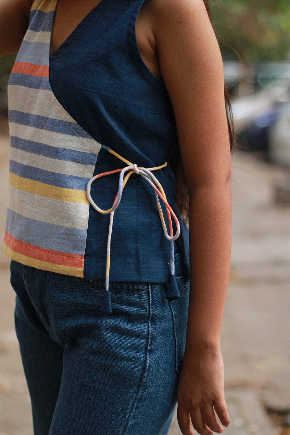Aabroo | Sleeveless Angarkha Crop Top | Blue with Stripes