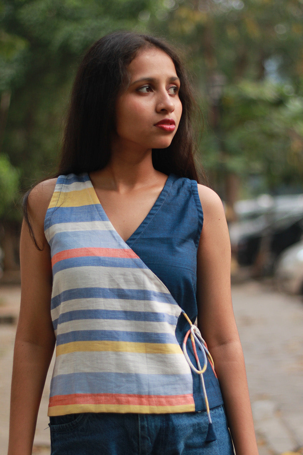Aabroo | Sleeveless Angarkha Crop Top | Blue with Stripes