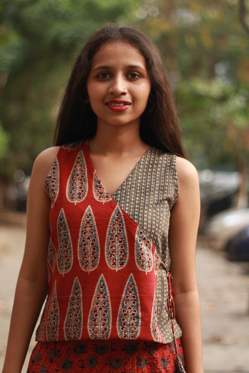 Aabroo | Sleeveless Angarkha Crop Top | Madder Cypress Ajrakh