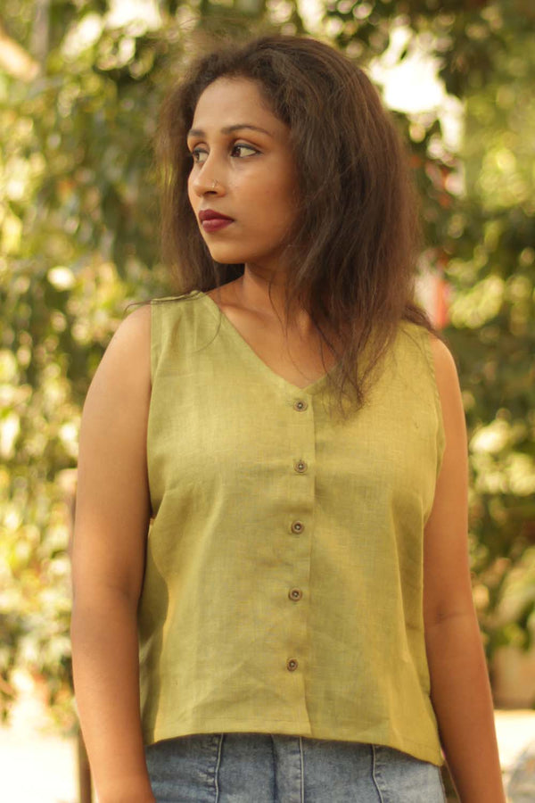 Linen Buttoned Vest- Forest Green