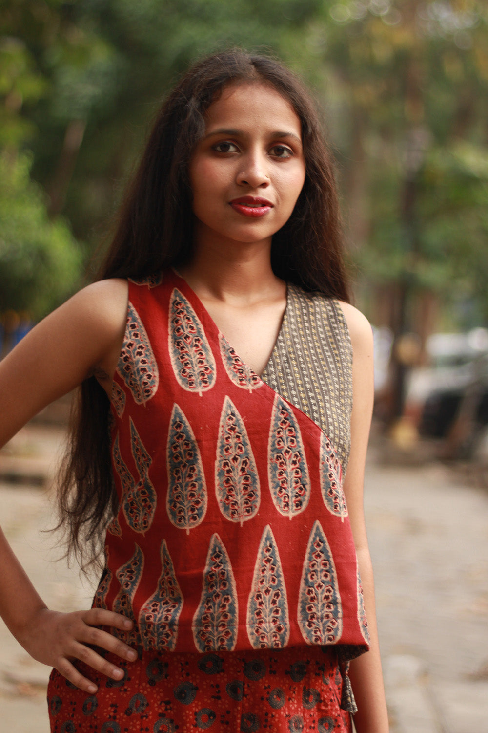Aabroo | Sleeveless Angarkha Crop Top | Madder Cypress Ajrakh
