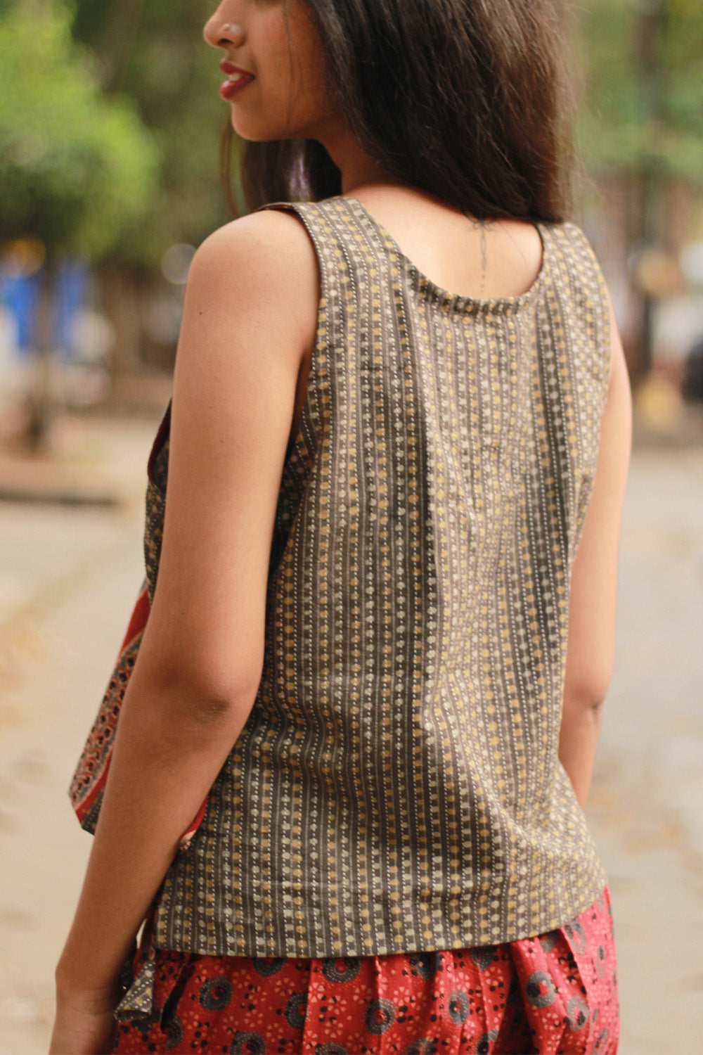 Aabroo | Sleeveless Angarkha Crop Top | Madder Cypress Ajrakh