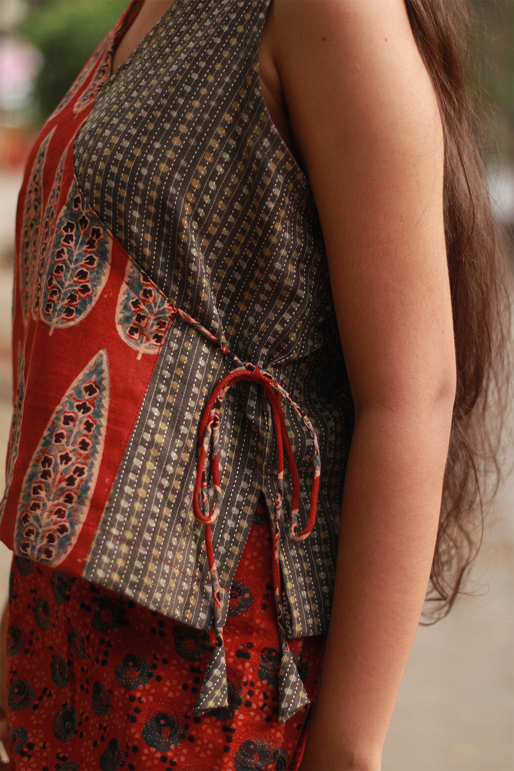 Aabroo | Sleeveless Angarkha Crop Top | Madder Cypress Ajrakh