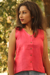 Linen Buttoned Vest- Coral