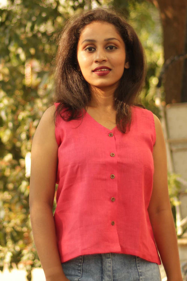 Linen Buttoned Vest- Rouge