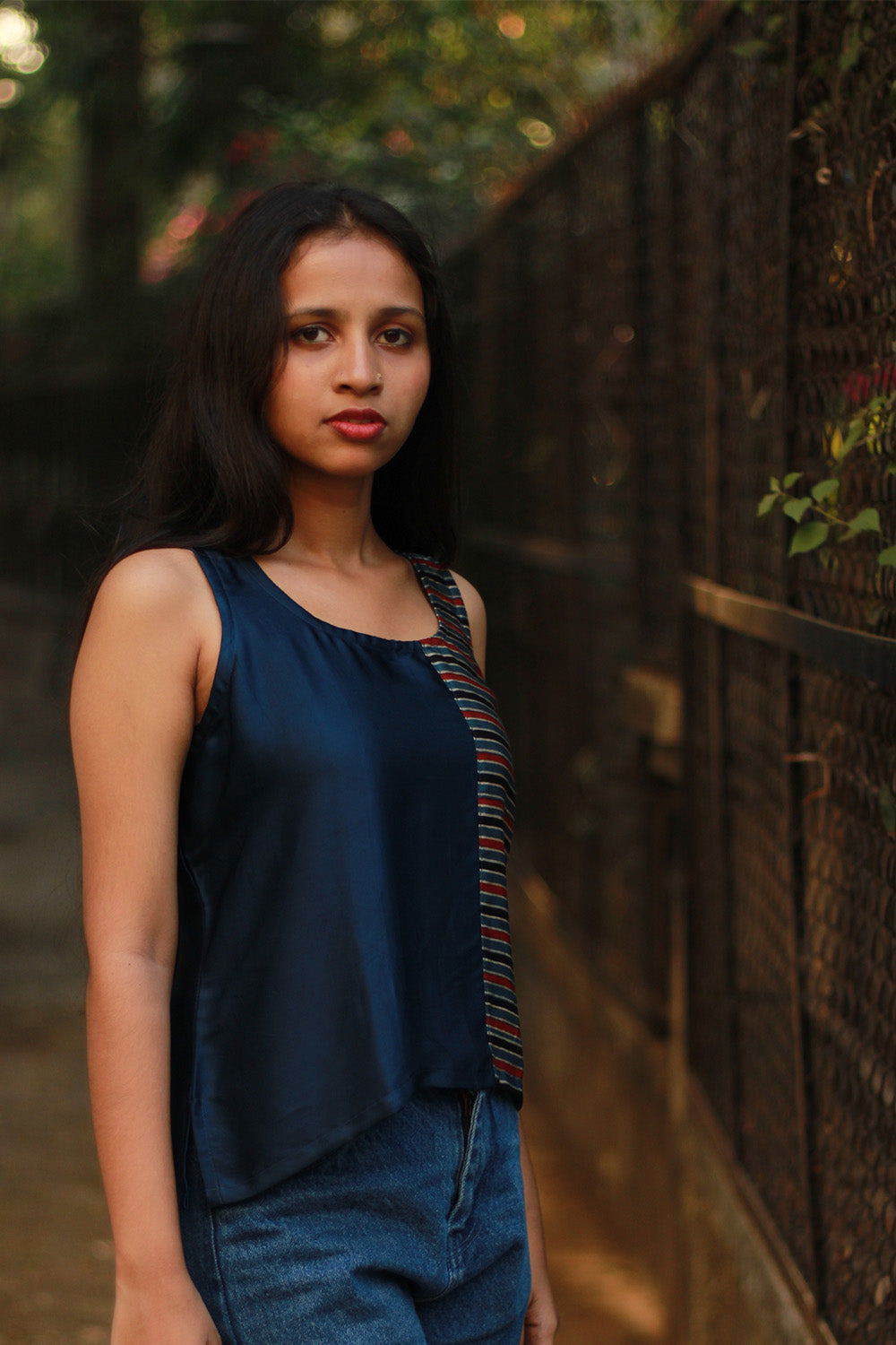 Sleeveless Top | Modal Silk | Blue with Ajrakh Stripes