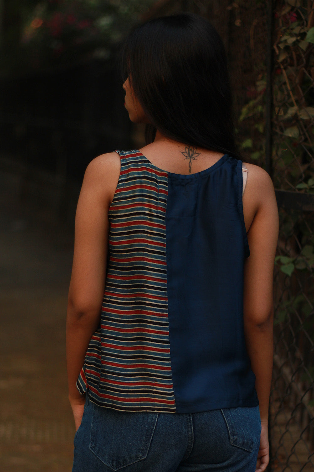 Sleeveless Top | Modal Silk | Blue with Ajrakh Stripes