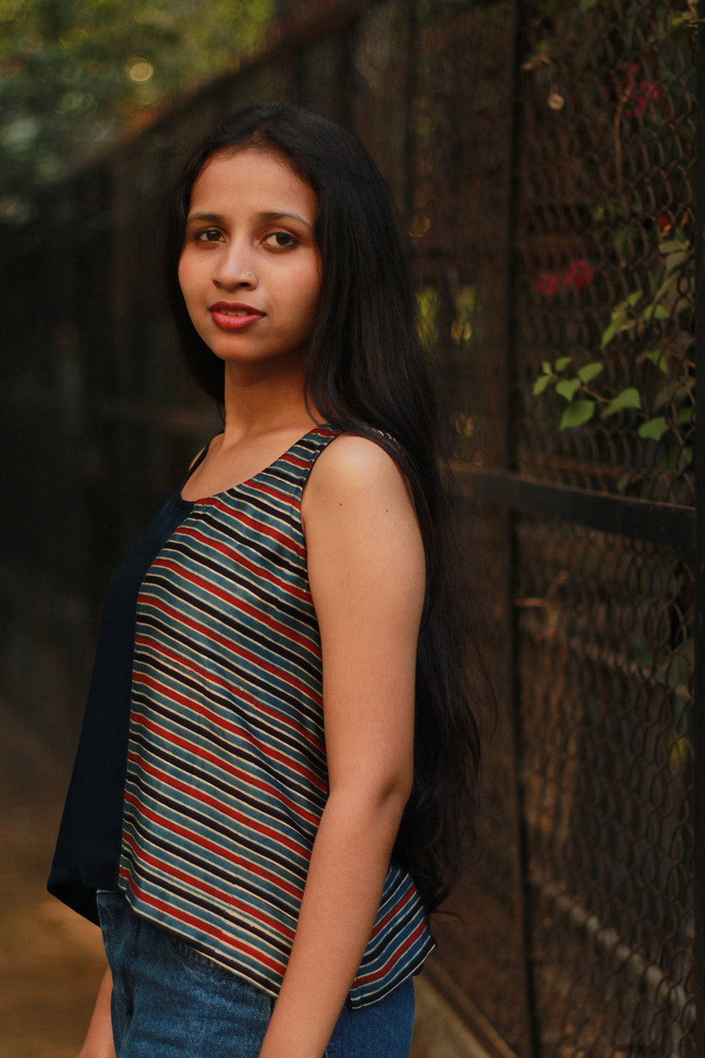 Sleeveless Top | Modal Silk | Blue with Ajrakh Stripes