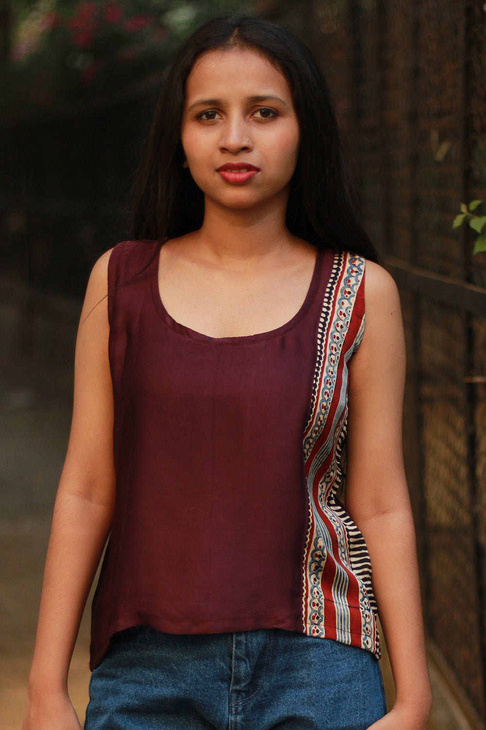 Sleeveless Top | Modal Silk | Wine with Ajrakh Stripes